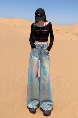 High-Waisted Rainbow Gradient Wide-Leg Jeans for Women, American Retro Loose Draped Floor-Length Trousers
