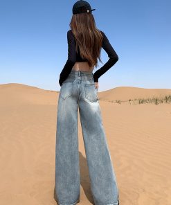 High-Waisted Rainbow Gradient Wide-Leg Jeans for Women, American Retro Loose Draped Floor-Length Trousers