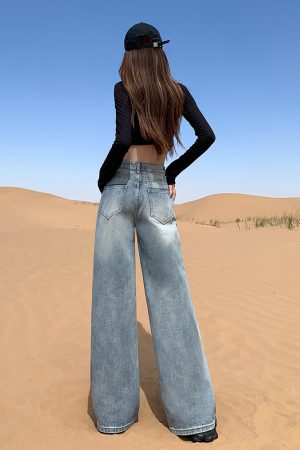 High-Waisted Rainbow Gradient Wide-Leg Jeans for Women, American Retro Loose Draped Floor-Length Trousers