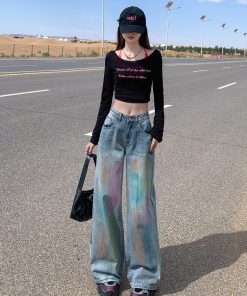 High-Waisted Rainbow Gradient Wide-Leg Jeans for Women, American Retro Loose Draped Floor-Length Trousers