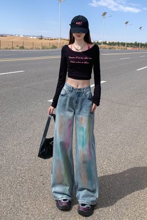 High-Waisted Rainbow Gradient Wide-Leg Jeans for Women, American Retro Loose Draped Floor-Length Trousers