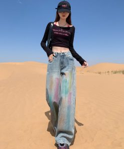High-Waisted Rainbow Gradient Wide-Leg Jeans for Women, American Retro Loose Draped Floor-Length Trousers