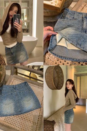 High-Waisted Retro Denim Mini Skirt for Women - Nostalgic Street Style Bodycon Design