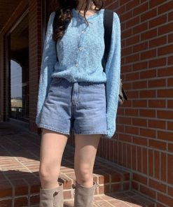 High-Waisted Retro Washed Blue Distressed Denim Shorts - Versatile Korean Style Fashion for a Chic Summer Look