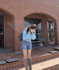 High-Waisted Retro Washed Blue Distressed Denim Shorts - Versatile Korean Style Fashion for a Chic Summer Look