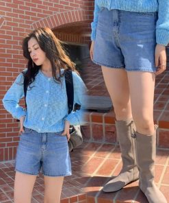 High-Waisted Retro Washed Blue Distressed Denim Shorts - Versatile Korean Style Fashion for a Chic Summer Look