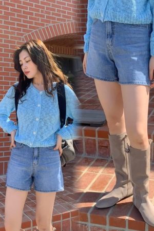 High-Waisted Retro Washed Blue Distressed Denim Shorts - Versatile Korean Style Fashion for a Chic Summer Look