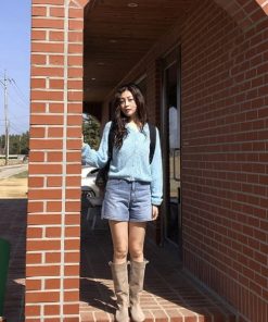 High-Waisted Retro Washed Blue Distressed Denim Shorts - Versatile Korean Style Fashion for a Chic Summer Look