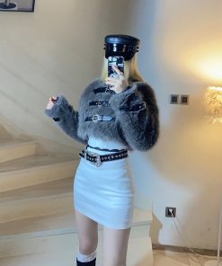 High-Waisted Slim Short Faux Fur Coat with Belt Design - Trendy BabykinG Style Outerwear