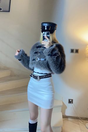 High-Waisted Slim Short Faux Fur Coat with Belt Design - Trendy BabykinG Style Outerwear