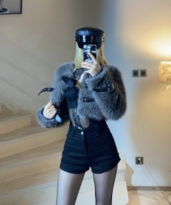 High-Waisted Slim Short Faux Fur Coat with Belt Design - Trendy BabykinG Style Outerwear