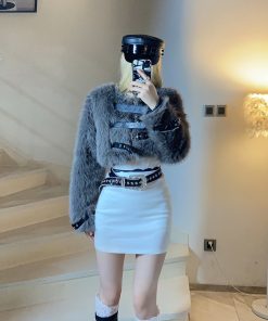 High-Waisted Slim Short Faux Fur Coat with Belt Design - Trendy BabykinG Style Outerwear