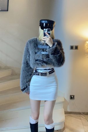 High-Waisted Slim Short Faux Fur Coat with Belt Design - Trendy BabykinG Style Outerwear