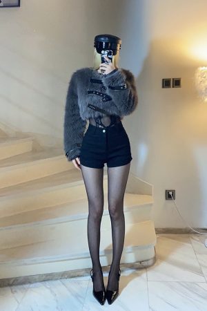 High-Waisted Slim Short Faux Fur Coat with Belt Design - Trendy BabykinG Style Outerwear