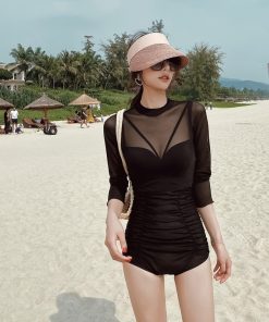 High-Waisted Two-Piece Long Sleeve Swimsuit for Women, Mesh Underwire Bikini, Sexy Swimwear for Hot Springs and Beach Days