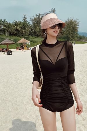 High-Waisted Two-Piece Long Sleeve Swimsuit for Women, Mesh Underwire Bikini, Sexy Swimwear for Hot Springs and Beach Days