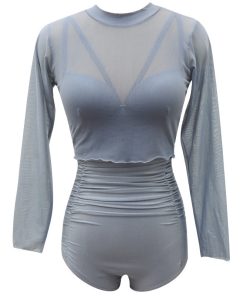 High-Waisted Two-Piece Long Sleeve Swimsuit for Women, Mesh Underwire Bikini, Sexy Swimwear for Hot Springs and Beach Days