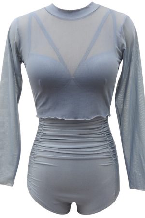 High-Waisted Two-Piece Long Sleeve Swimsuit for Women, Mesh Underwire Bikini, Sexy Swimwear for Hot Springs and Beach Days