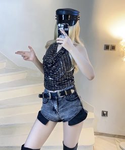 High-Waisted Vintage Spliced Design Denim Shorts for Women - Ultra-Short Slim Fit Hot Pants, 90s Inspired Fashion