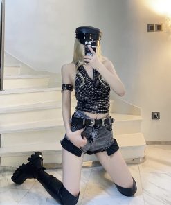 High-Waisted Vintage Spliced Design Denim Shorts for Women - Ultra-Short Slim Fit Hot Pants, 90s Inspired Fashion