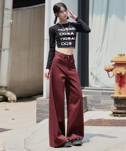 High-Waisted Wide-Leg Ankara Red Jeans for Women, American Vintage Style, Slim Straight-Leg Design, Floor-Length Fashion