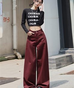 High-Waisted Wide-Leg Ankara Red Jeans for Women, American Vintage Style, Slim Straight-Leg Design, Floor-Length Fashion