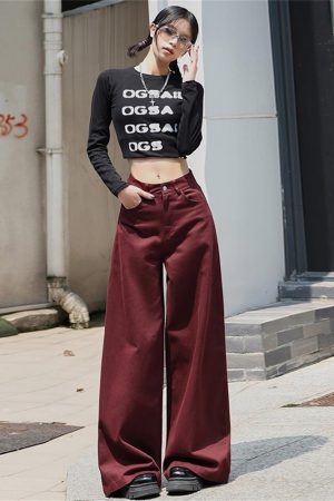High-Waisted Wide-Leg Ankara Red Jeans for Women, American Vintage Style, Slim Straight-Leg Design, Floor-Length Fashion
