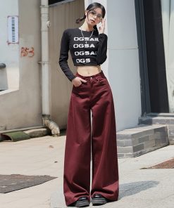 High-Waisted Wide-Leg Ankara Red Jeans for Women, American Vintage Style, Slim Straight-Leg Design, Floor-Length Fashion