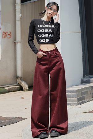 High-Waisted Wide-Leg Ankara Red Jeans for Women, American Vintage Style, Slim Straight-Leg Design, Floor-Length Fashion