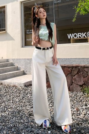 High-Waisted Wide-Leg Ankara Red Jeans for Women, American Vintage Style, Slim Straight-Leg Design, Floor-Length Fashion