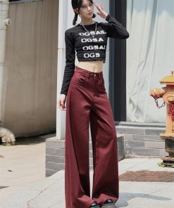 High-Waisted Wide-Leg Ankara Red Jeans for Women, American Vintage Style, Slim Straight-Leg Design, Floor-Length Fashion