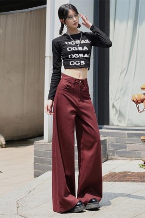 High-Waisted Wide-Leg Ankara Red Jeans for Women, American Vintage Style, Slim Straight-Leg Design, Floor-Length Fashion
