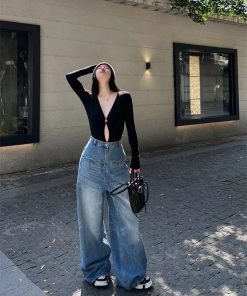High-Waisted Wide-Leg Blue Washed Vintage Jeans - Heavy-Duty Floor-Length Pants for Women - Versatile Autumn Fashion