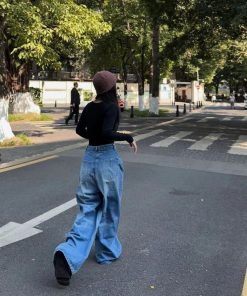 High-Waisted Wide-Leg Blue Washed Vintage Jeans - Heavy-Duty Floor-Length Pants for Women - Versatile Autumn Fashion