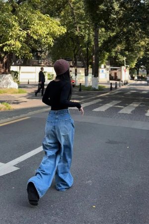 High-Waisted Wide-Leg Blue Washed Vintage Jeans - Heavy-Duty Floor-Length Pants for Women - Versatile Autumn Fashion