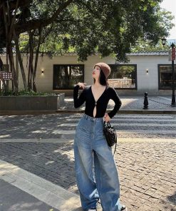 High-Waisted Wide-Leg Blue Washed Vintage Jeans - Heavy-Duty Floor-Length Pants for Women - Versatile Autumn Fashion