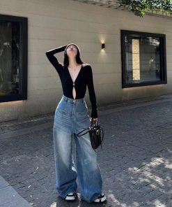High-Waisted Wide-Leg Blue Washed Vintage Jeans - Heavy-Duty Floor-Length Pants for Women - Versatile Autumn Fashion