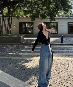 High-Waisted Wide-Leg Blue Washed Vintage Jeans - Heavy-Duty Floor-Length Pants for Women - Versatile Autumn Fashion