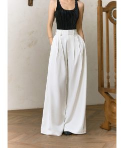 High-Waisted Wide-Leg Draped Suit Pants for Women - Loose and Slimming Floor-Length Trousers, Ideal for Chic 90s Style Outfits