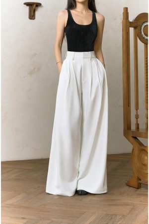 High-Waisted Wide-Leg Draped Suit Pants for Women - Loose and Slimming Floor-Length Trousers, Ideal for Chic 90s Style Outfits