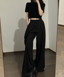 High-Waisted Wide-Leg Draped Suit Pants for Women - Loose and Slimming Floor-Length Trousers, Ideal for Chic 90s Style Outfits