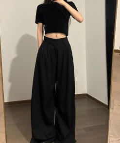 High-Waisted Wide-Leg Draped Suit Pants for Women - Loose and Slimming Floor-Length Trousers, Ideal for Chic 90s Style Outfits