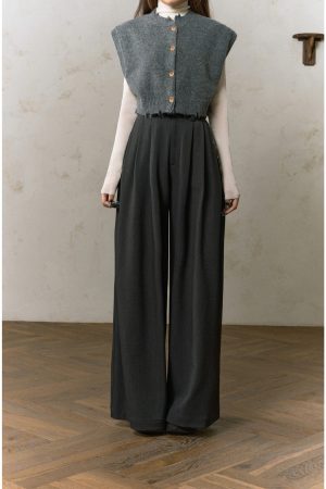 High-Waisted Wide-Leg Draped Suit Pants for Women - Loose and Slimming Floor-Length Trousers, Ideal for Chic 90s Style Outfits
