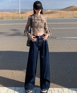 High-Waisted Wide-Leg Jeans for Women, 2025 American Retro Loose Fit Draped Trousers, Slimming Straight Pants