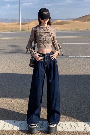 High-Waisted Wide-Leg Jeans for Women, 2025 American Retro Loose Fit Draped Trousers, Slimming Straight Pants