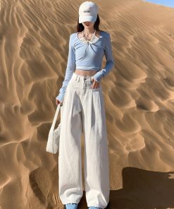 High-Waisted Wide-Leg Jeans for Women, 2025 American Retro Loose Fit Draped Trousers, Slimming Straight Pants