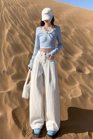 High-Waisted Wide-Leg Jeans for Women, 2025 American Retro Loose Fit Draped Trousers, Slimming Straight Pants