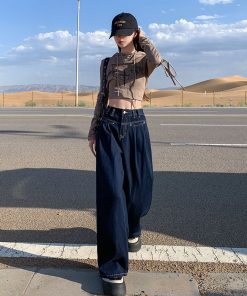 High-Waisted Wide-Leg Jeans for Women, 2025 American Retro Loose Fit Draped Trousers, Slimming Straight Pants