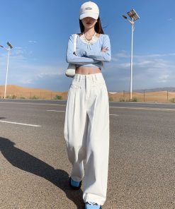 High-Waisted Wide-Leg Jeans for Women, 2025 American Retro Loose Fit Draped Trousers, Slimming Straight Pants