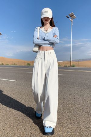 High-Waisted Wide-Leg Jeans for Women, 2025 American Retro Loose Fit Draped Trousers, Slimming Straight Pants